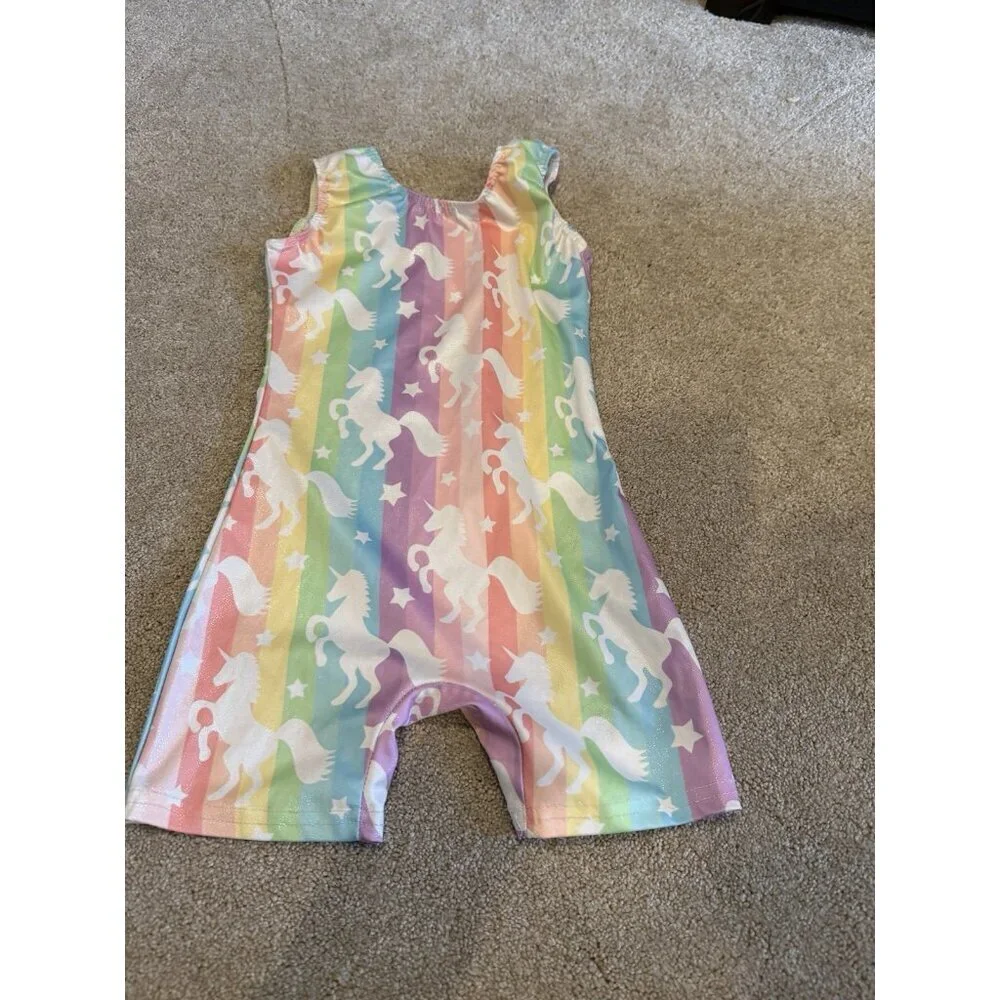 Funnycokid Gymnastics Leotard Girls 8 Unicorn Rainbow Size 130 Sleeveless Casual